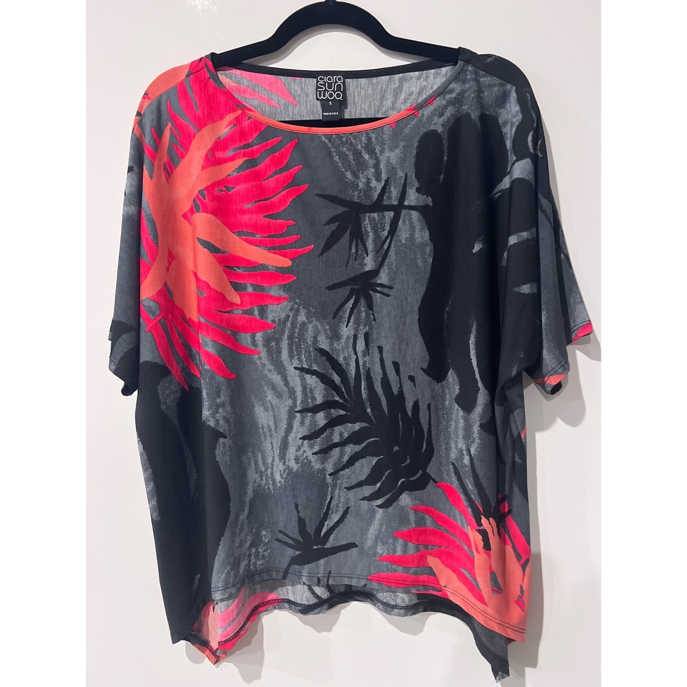 Clara Sun Woo Womens Small Tropical Leaf Abstract Print Relaxed Short Sleeve Top